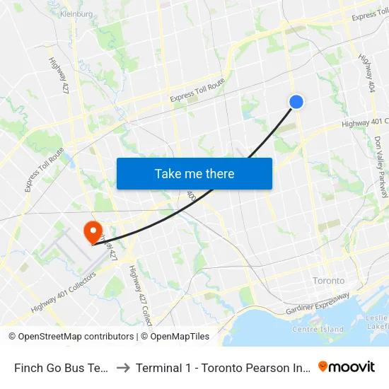 Finch Go Bus Terminal to Terminal 1 - Toronto Pearson Int'L Airport map