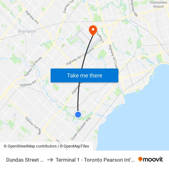 Dundas Street West to Terminal 1 - Toronto Pearson Int'L Airport map