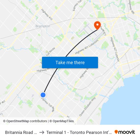 Britannia Road West to Terminal 1 - Toronto Pearson Int'L Airport map