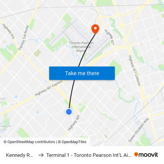 Kennedy Road to Terminal 1 - Toronto Pearson Int'L Airport map