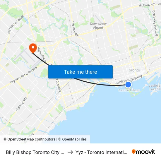 Billy Bishop Toronto City Airport (Ytz) to Yyz - Toronto International Airport map