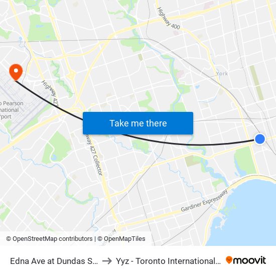 Edna Ave at Dundas St West to Yyz - Toronto International Airport map