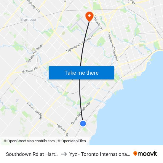 Southdown Rd at Hartland Dr to Yyz - Toronto International Airport map