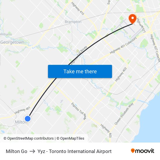 Milton Go to Yyz - Toronto International Airport map