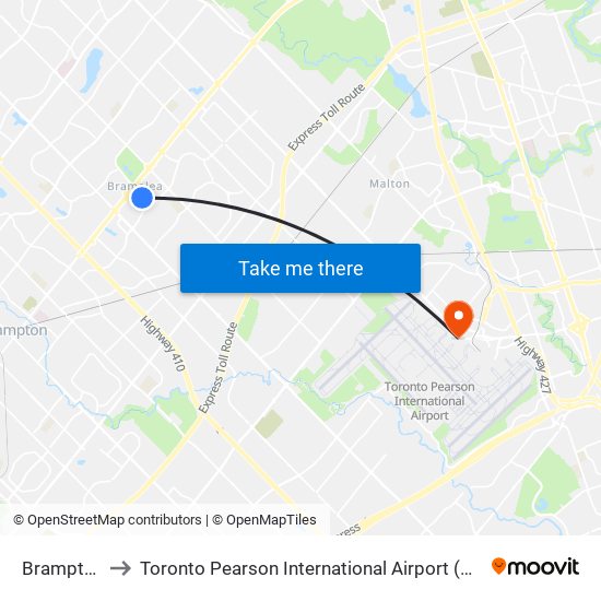 Brampton to Toronto Pearson International Airport (Yyz) map