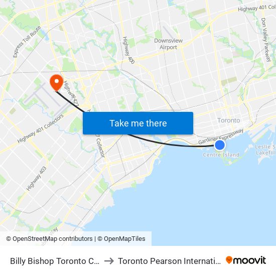 Billy Bishop Toronto City Airport (Ytz) to Toronto Pearson International Airport (Yyz) map