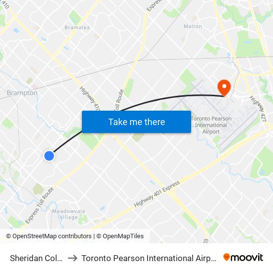 Sheridan College to Toronto Pearson International Airport (Yyz) map