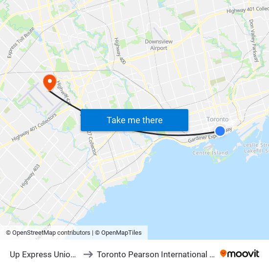 Up Express Union Station to Toronto Pearson International Airport (Yyz) map