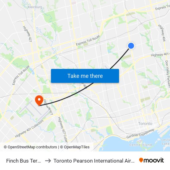 Finch Bus Terminal to Toronto Pearson International Airport (Yyz) map