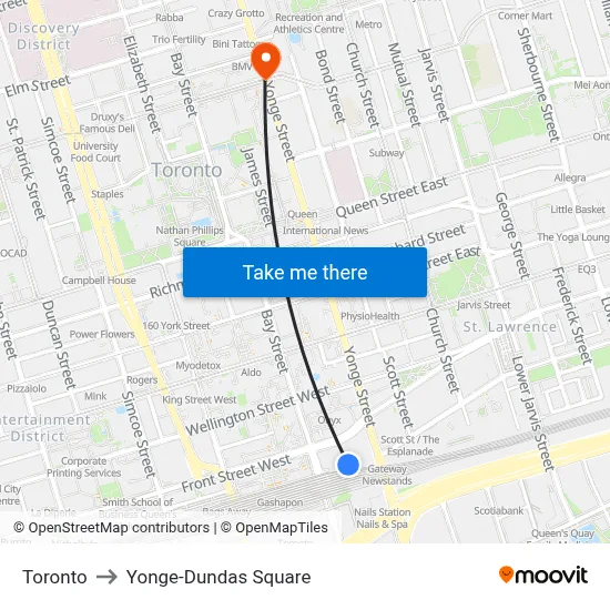 Toronto to Yonge-Dundas Square map