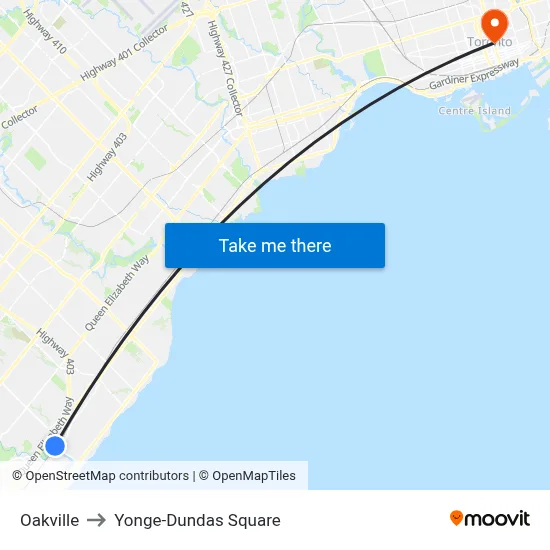 Oakville to Yonge-Dundas Square map