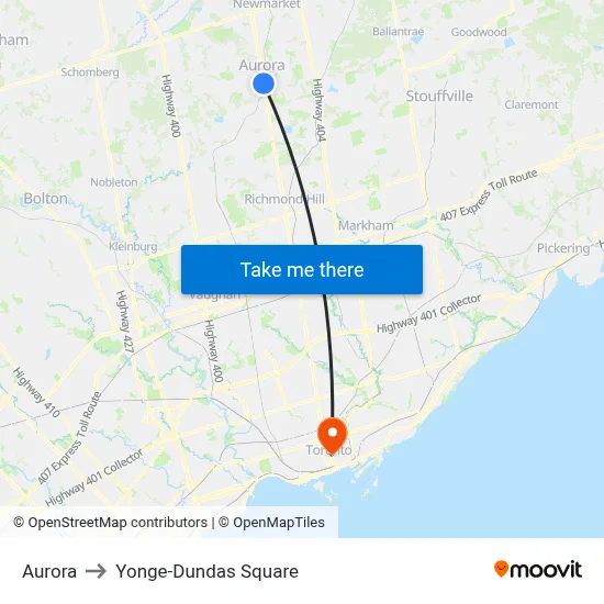 Aurora to Yonge-Dundas Square map