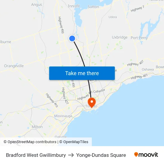 Bradford West Gwillimbury to Yonge-Dundas Square map