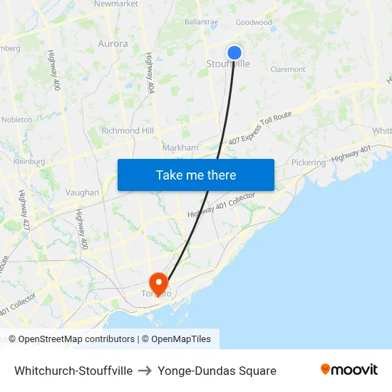 Whitchurch-Stouffville to Yonge-Dundas Square map