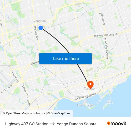 Highway 407 GO Station to Yonge-Dundas Square map