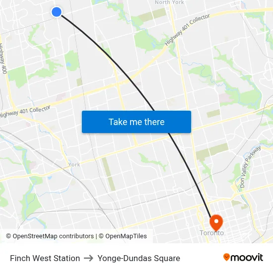 Finch West Station to Yonge-Dundas Square map
