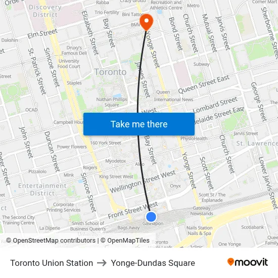 Toronto Union Station to Yonge-Dundas Square map