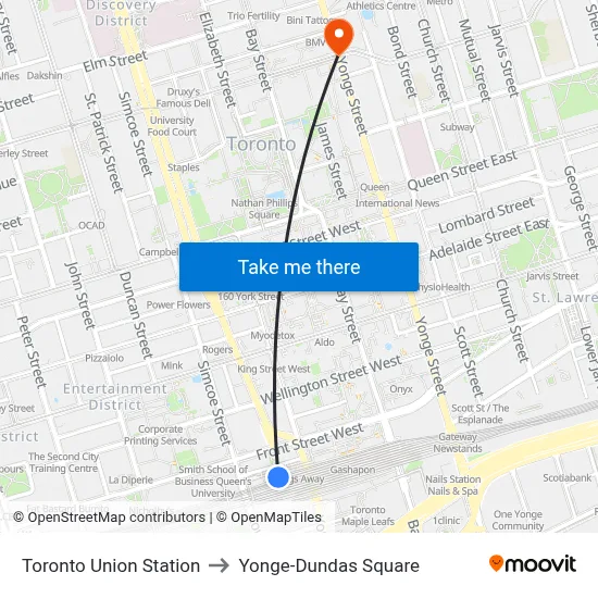 Toronto Union Station to Yonge-Dundas Square map