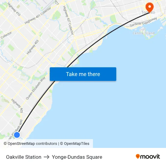 Oakville Station to Yonge-Dundas Square map