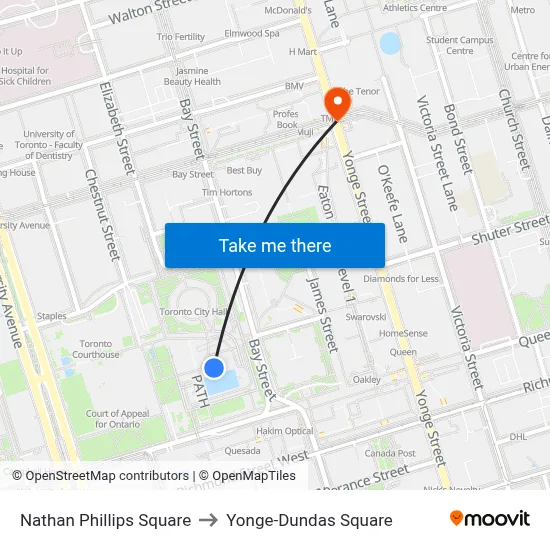 Nathan Phillips Square to Yonge-Dundas Square map