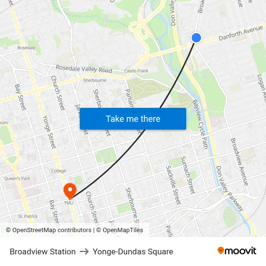 Broadview Station to Yonge-Dundas Square map