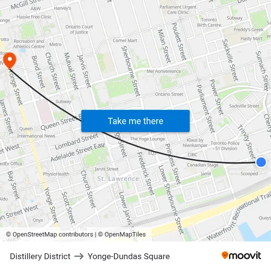 Distillery District to Yonge-Dundas Square map