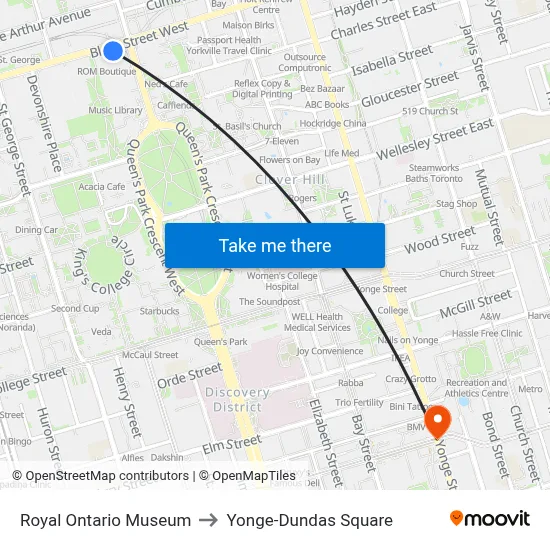 Royal Ontario Museum to Yonge-Dundas Square map