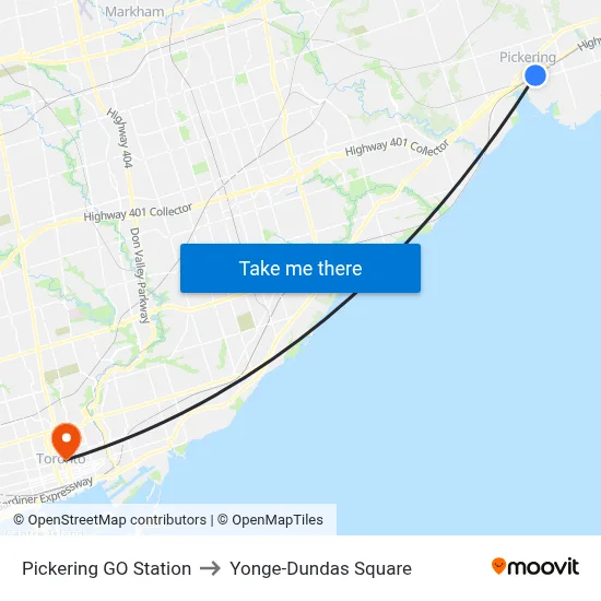 Pickering GO Station to Yonge-Dundas Square map