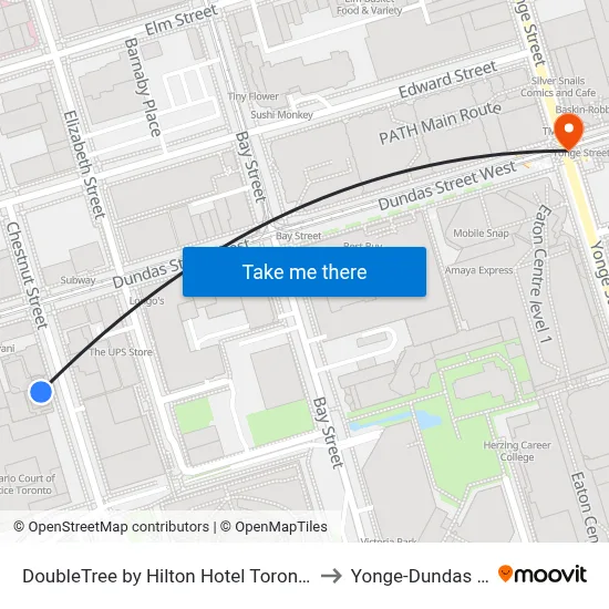 DoubleTree by Hilton Hotel Toronto Downtown to Yonge-Dundas Square map