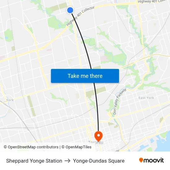Sheppard Yonge Station to Yonge-Dundas Square map