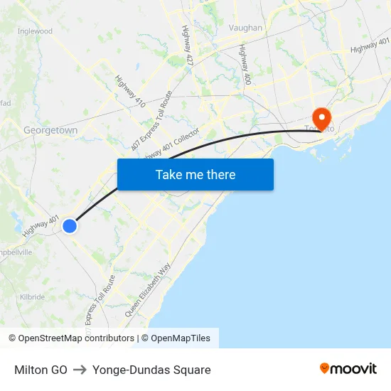 Milton GO to Yonge-Dundas Square map