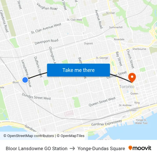 Bloor Lansdowne GO Station to Yonge-Dundas Square map