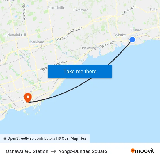 Oshawa GO Station to Yonge-Dundas Square map