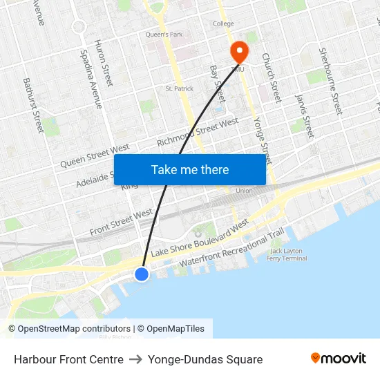 Harbour Front Centre to Yonge-Dundas Square map