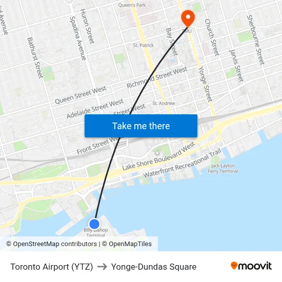 Toronto Airport (YTZ) to Yonge-Dundas Square map