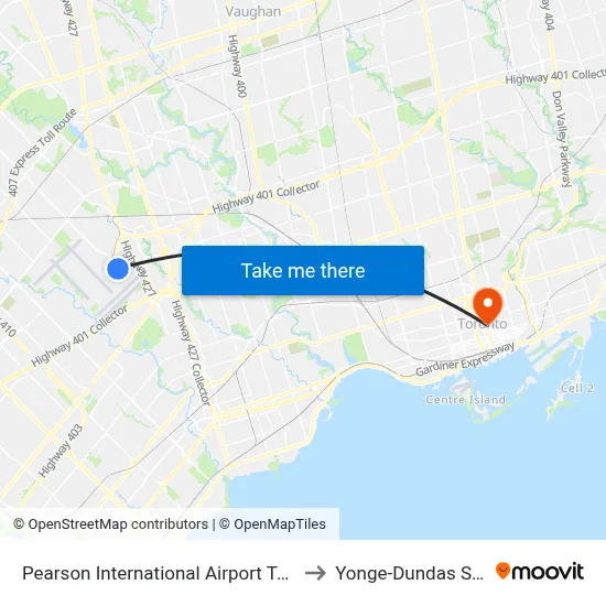Pearson International Airport Terminal 1 to Yonge-Dundas Square map