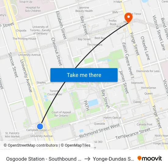 Osgoode Station - Southbound Platform to Yonge-Dundas Square map