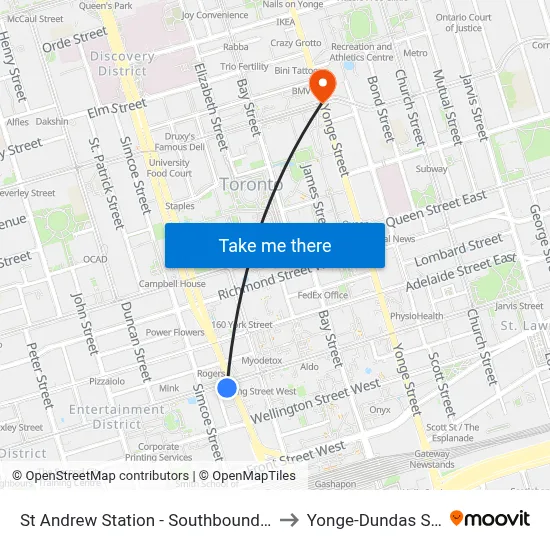 St Andrew Station - Southbound Platform to Yonge-Dundas Square map