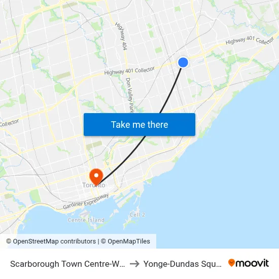 Scarborough Town Centre-West to Yonge-Dundas Square map