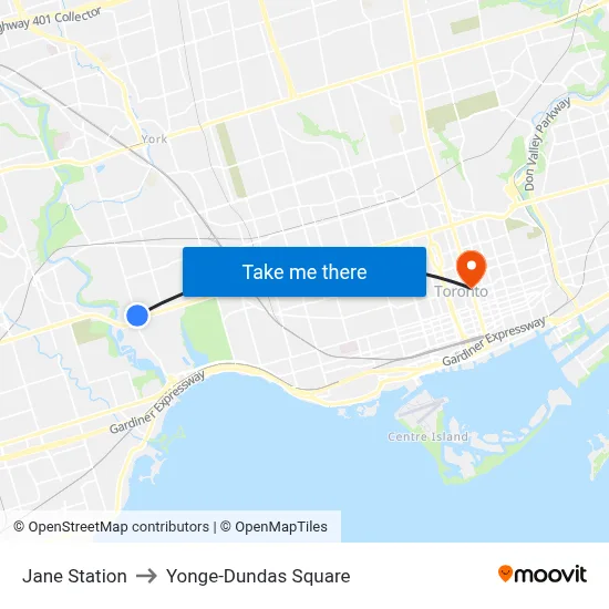 Jane Station to Yonge-Dundas Square map