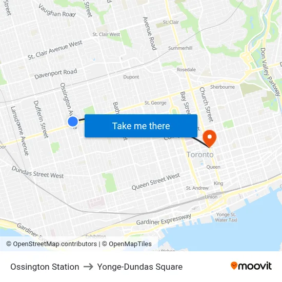 Ossington Station to Yonge-Dundas Square map