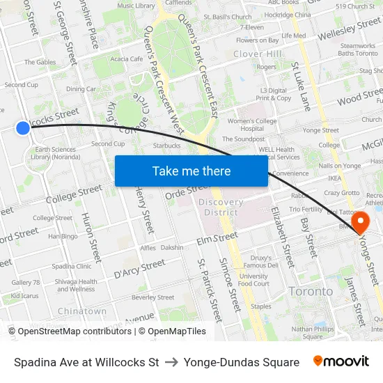 Spadina Ave at Willcocks St to Yonge-Dundas Square map