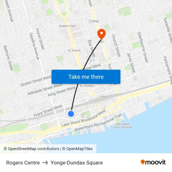 Rogers Centre to Yonge-Dundas Square map