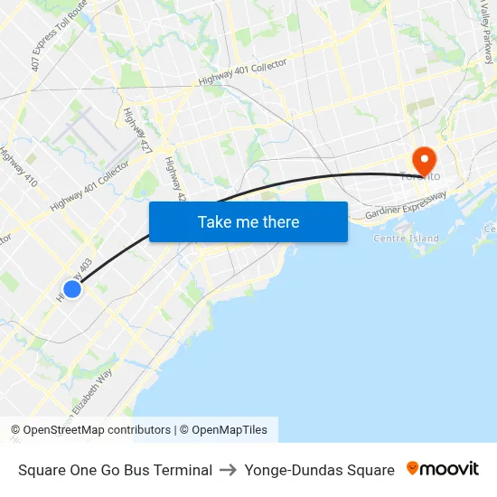 Square One Go Bus Terminal to Yonge-Dundas Square map