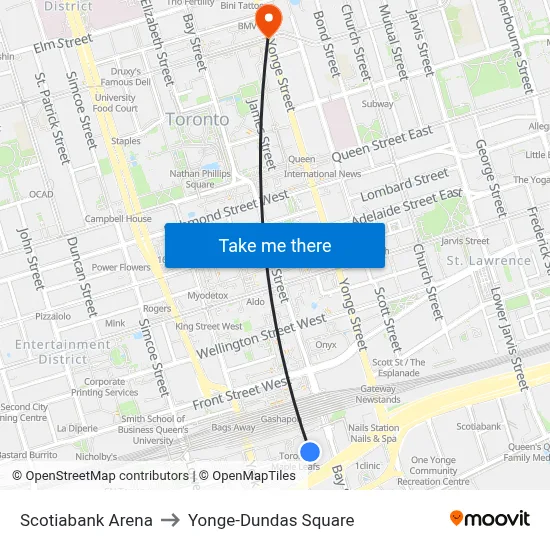 Scotiabank Arena to Yonge-Dundas Square map
