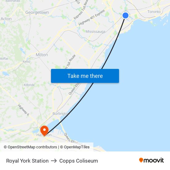 Royal York Station to Copps Coliseum map