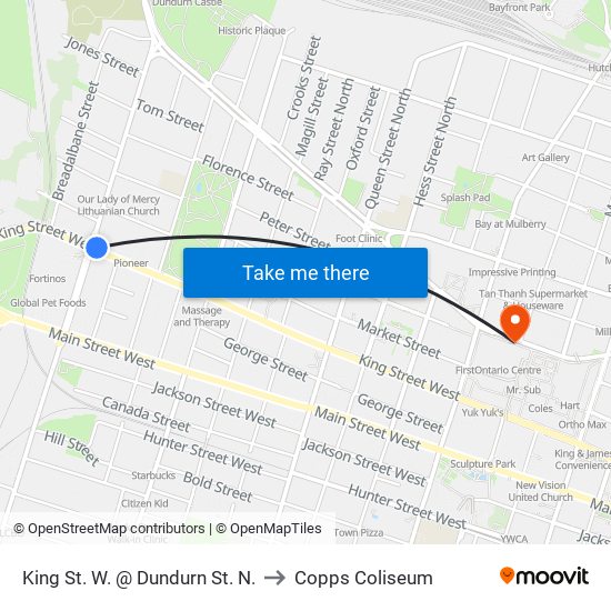 King St. W. @ Dundurn St. N. to Copps Coliseum map