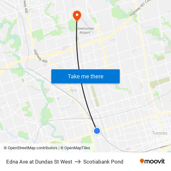 Edna Ave at Dundas St West to Scotiabank Pond map