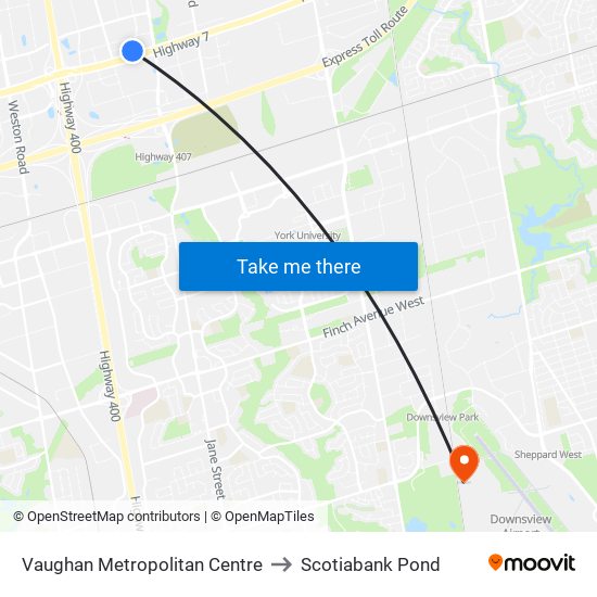 Vaughan Metropolitan Centre to Scotiabank Pond map