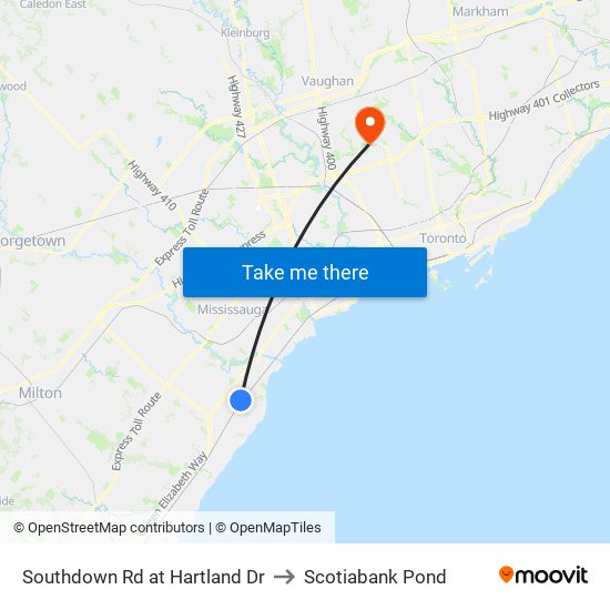 Southdown Rd at Hartland Dr to Scotiabank Pond map